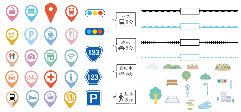ピン・アイコン・道路・ルートなどの地図用パーツ作例